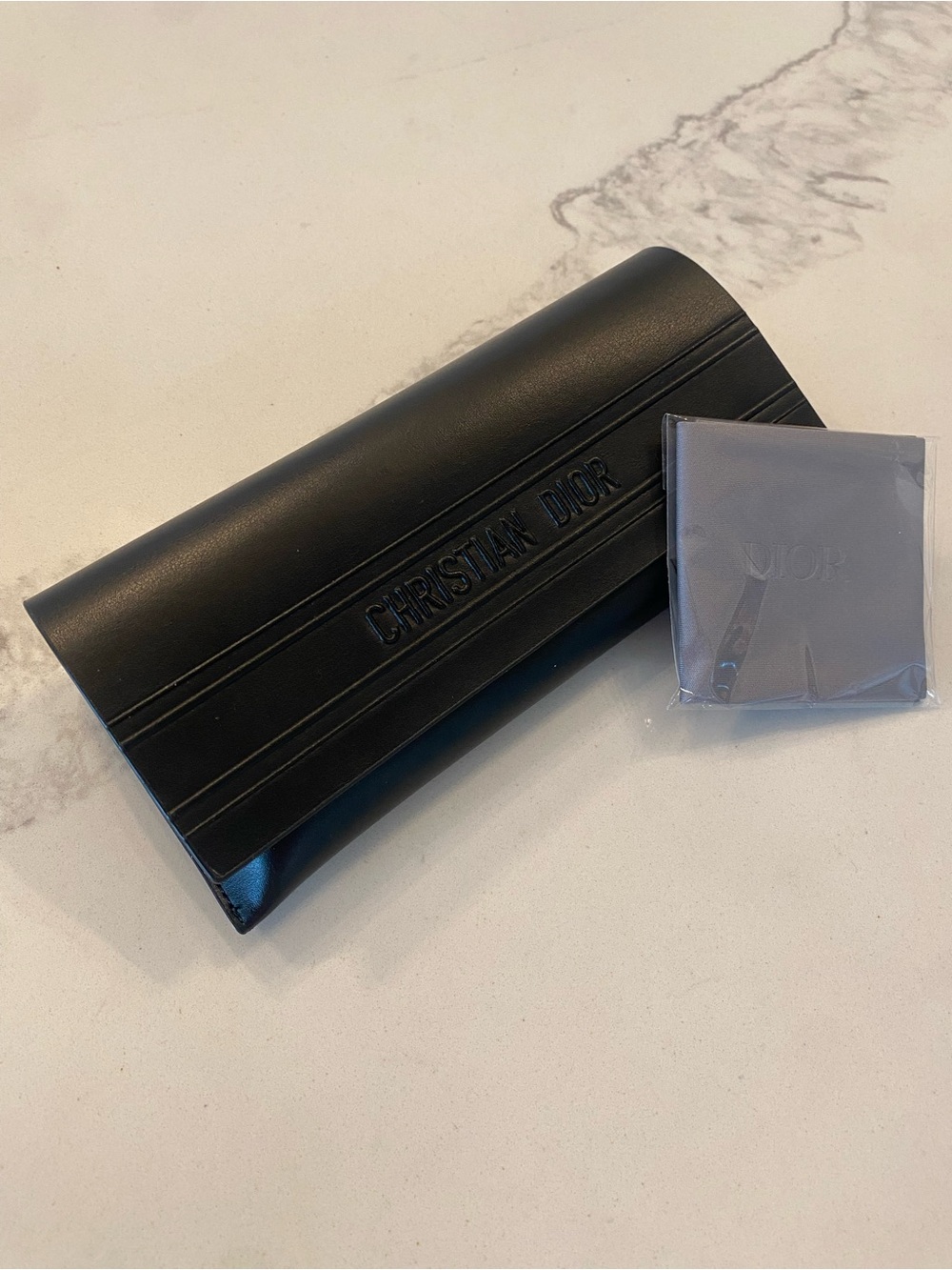 New Authentic Christian Dior Black Leather Sunglasses Case & New Cleaning Cloth